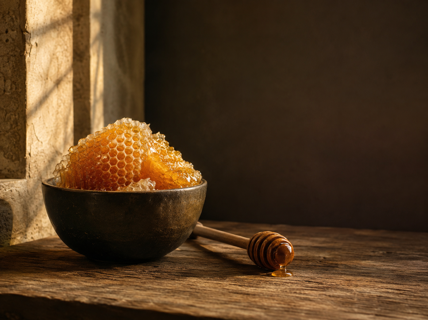 Raw honeycomb in a stoneware bowl with wooden dipper — Sumo-inspired minimalism