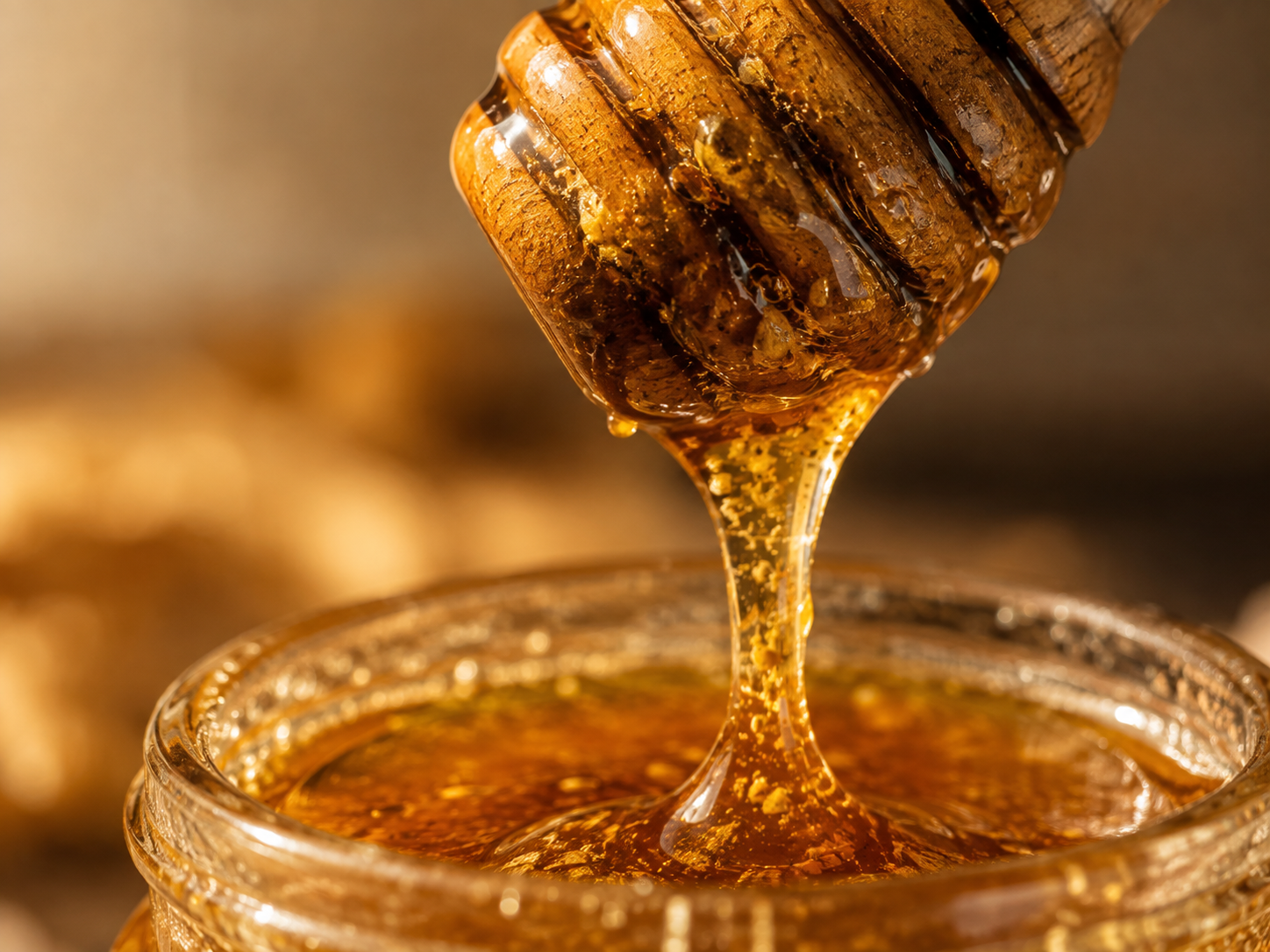 Extreme macro of raw wild honey with visible pollen and propolis particulate