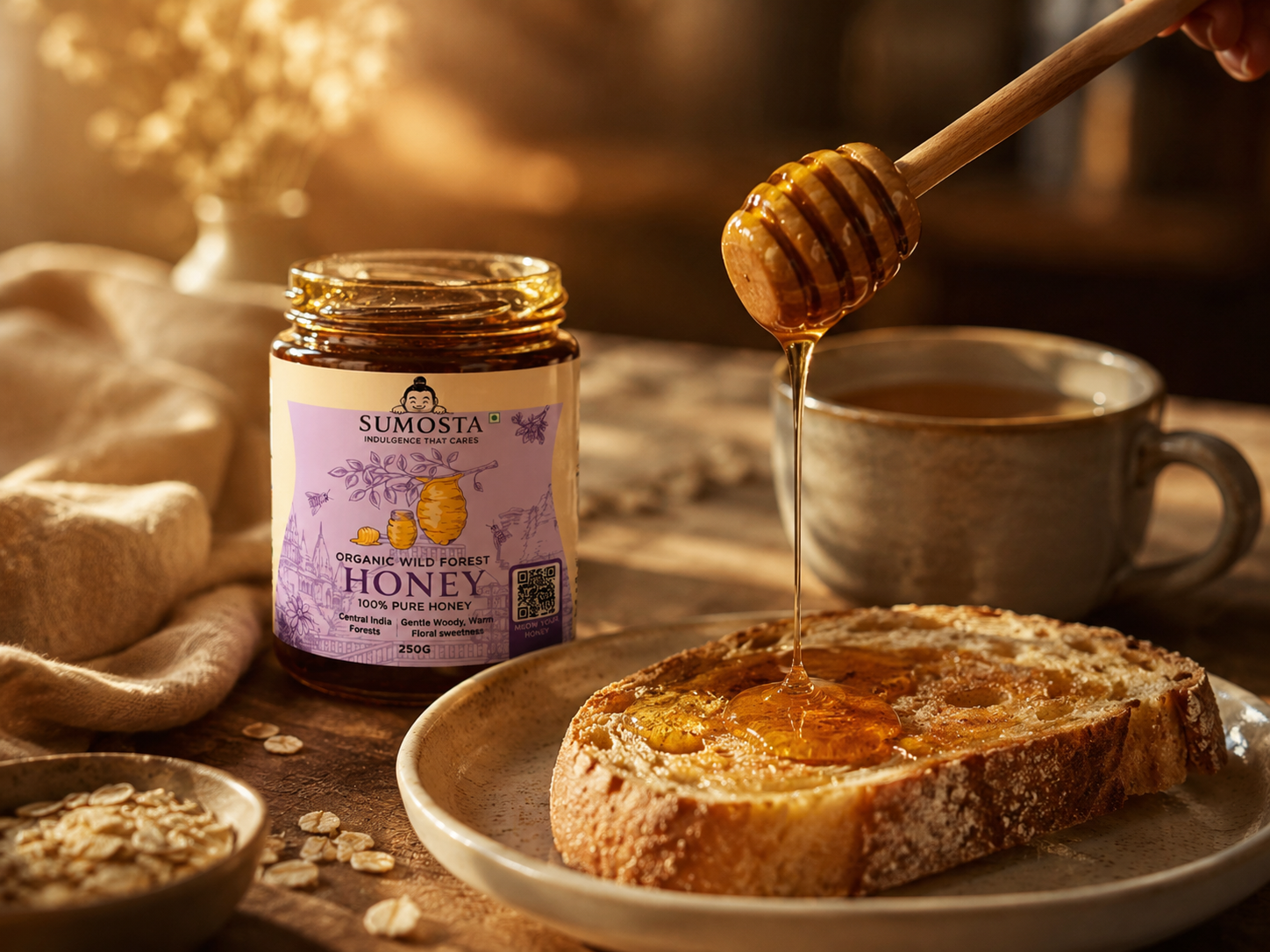 SUMOSTA Wild Forest honey being drizzled onto sourdough — a daily ritual